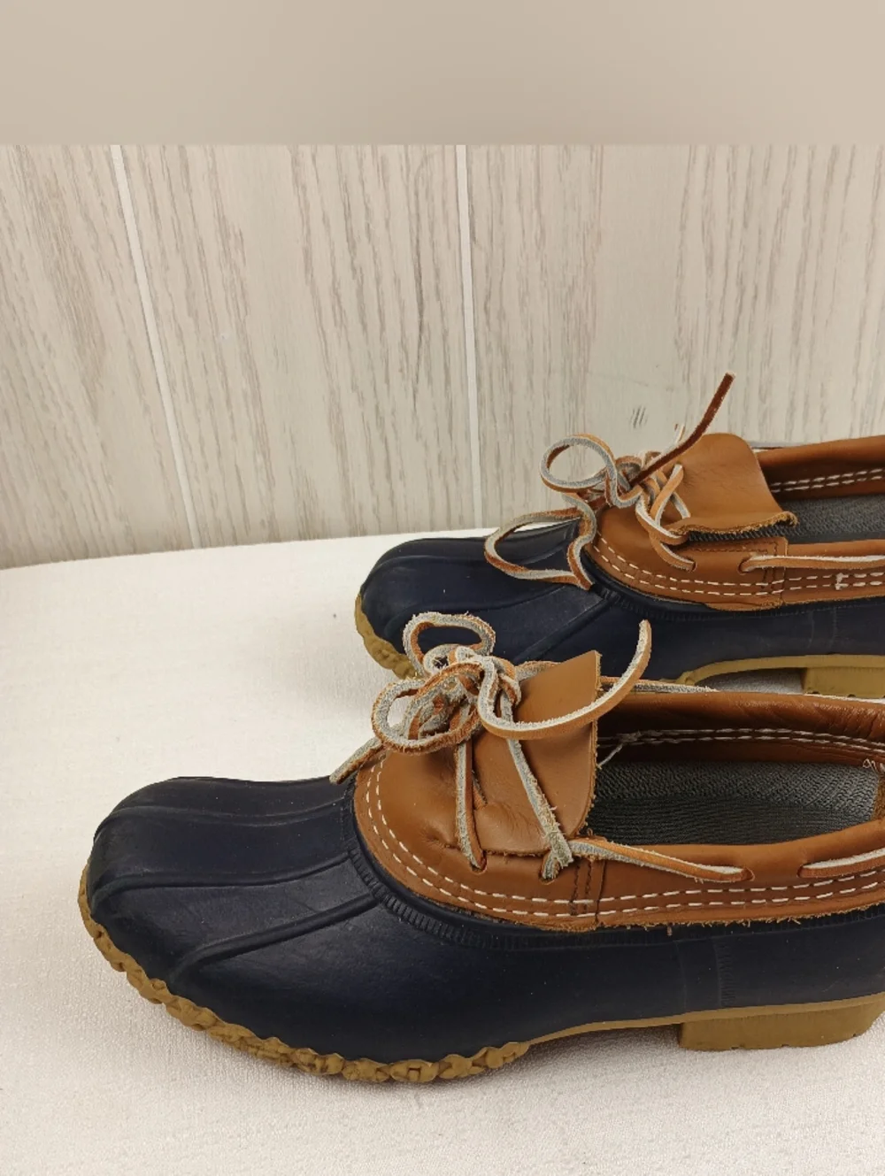 L.L. Bean tan leather &blue rubber low ankle gumshoe duck boot womens sz. 7M - Picture 10 of 15
